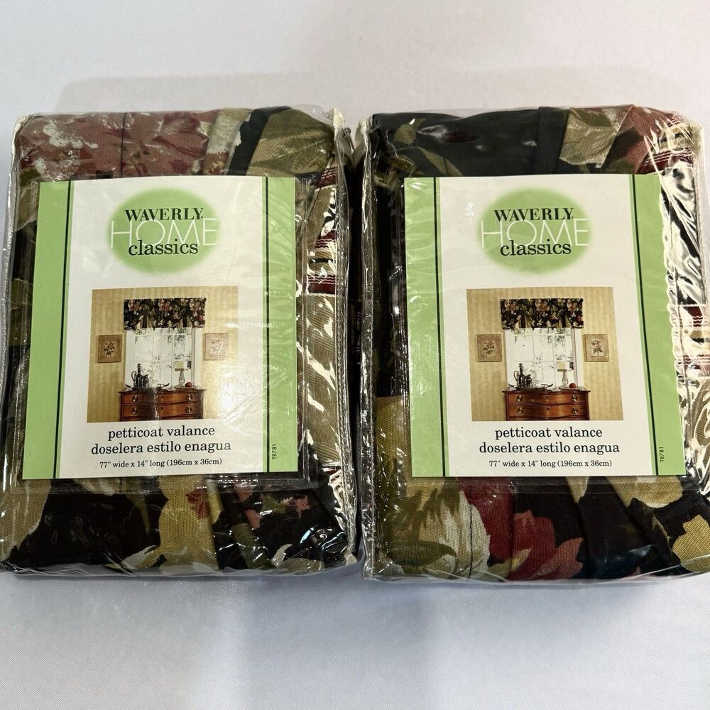 Waverly Bramasole Ebony Black Floral Striped Petticoat Valances Set of Two 77x14